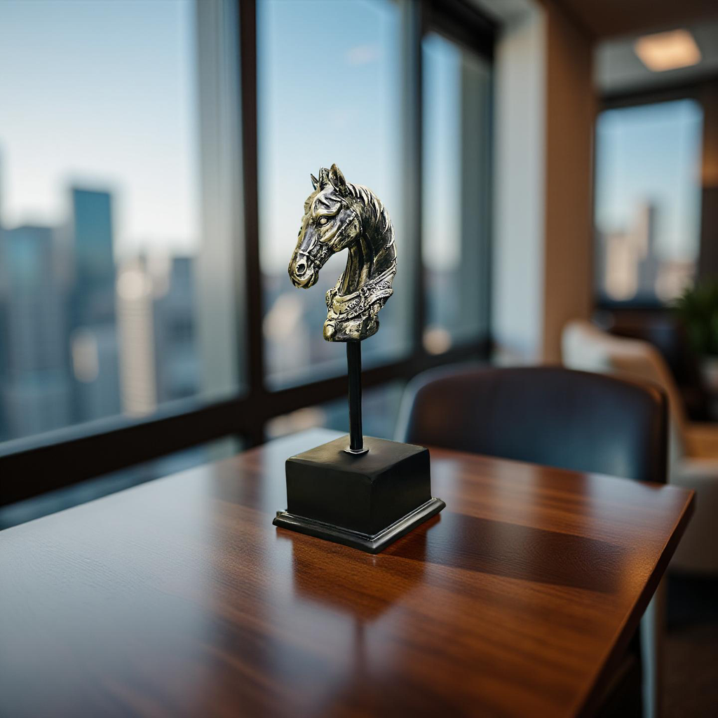 Majestic Steed – Brass Horse Head Sculpture on Stand
