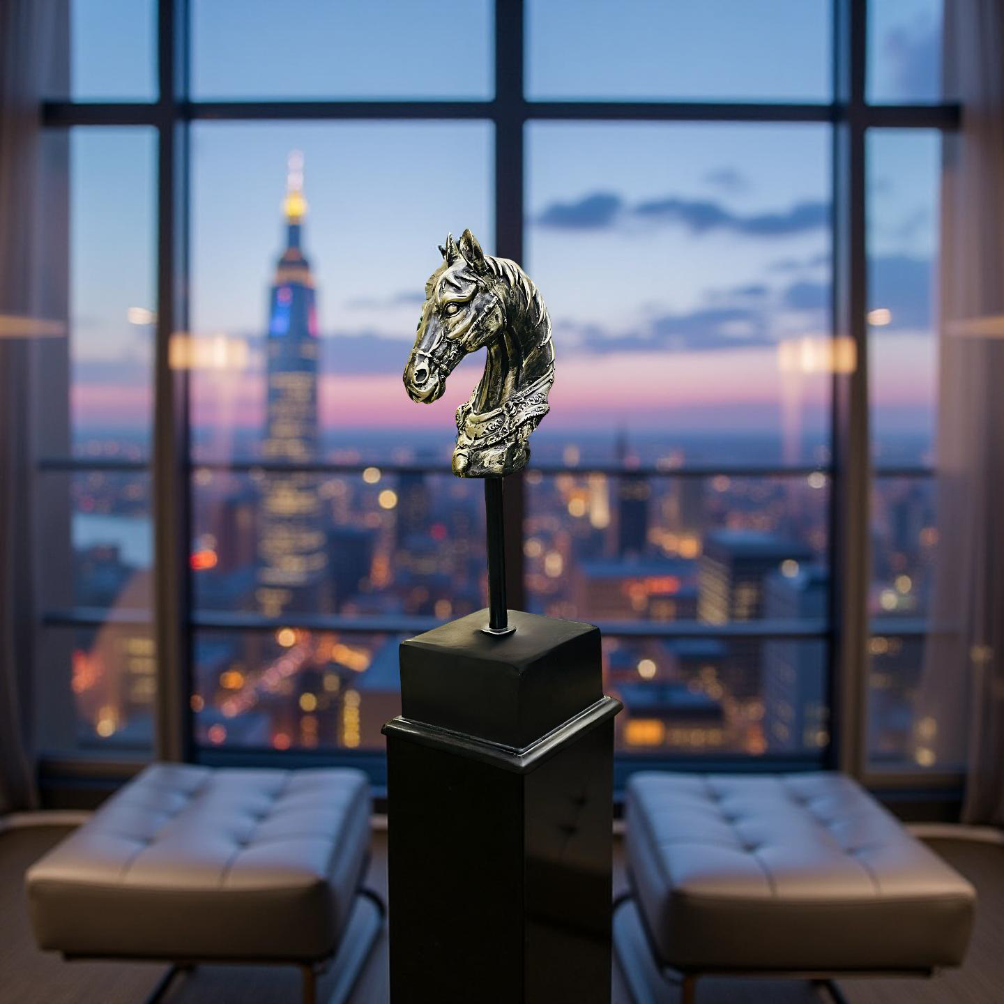 Majestic Steed – Brass Horse Head Sculpture on Stand