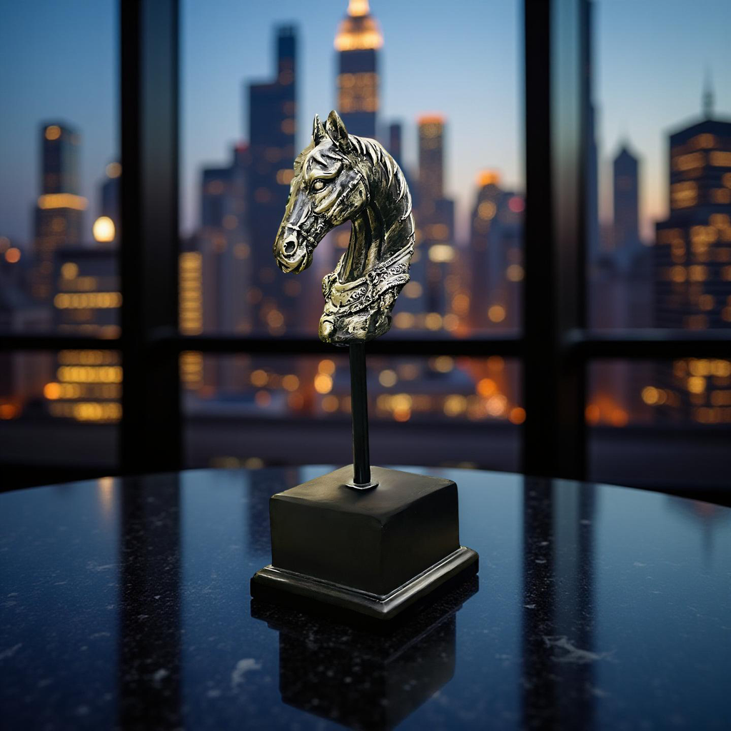 Majestic Steed – Brass Horse Head Sculpture on Stand