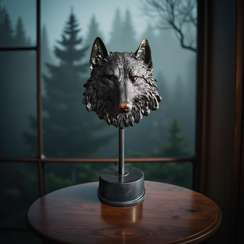 Midnight Sentinel – Wolf Bust Sculpture