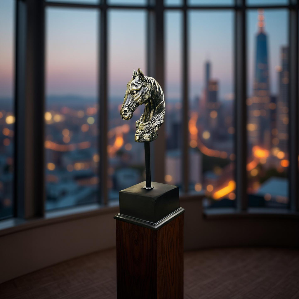 Majestic Steed – Brass Horse Head Sculpture on Stand