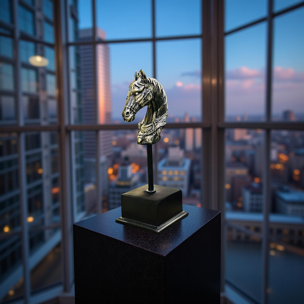 Majestic Steed – Brass Horse Head Sculpture on Stand