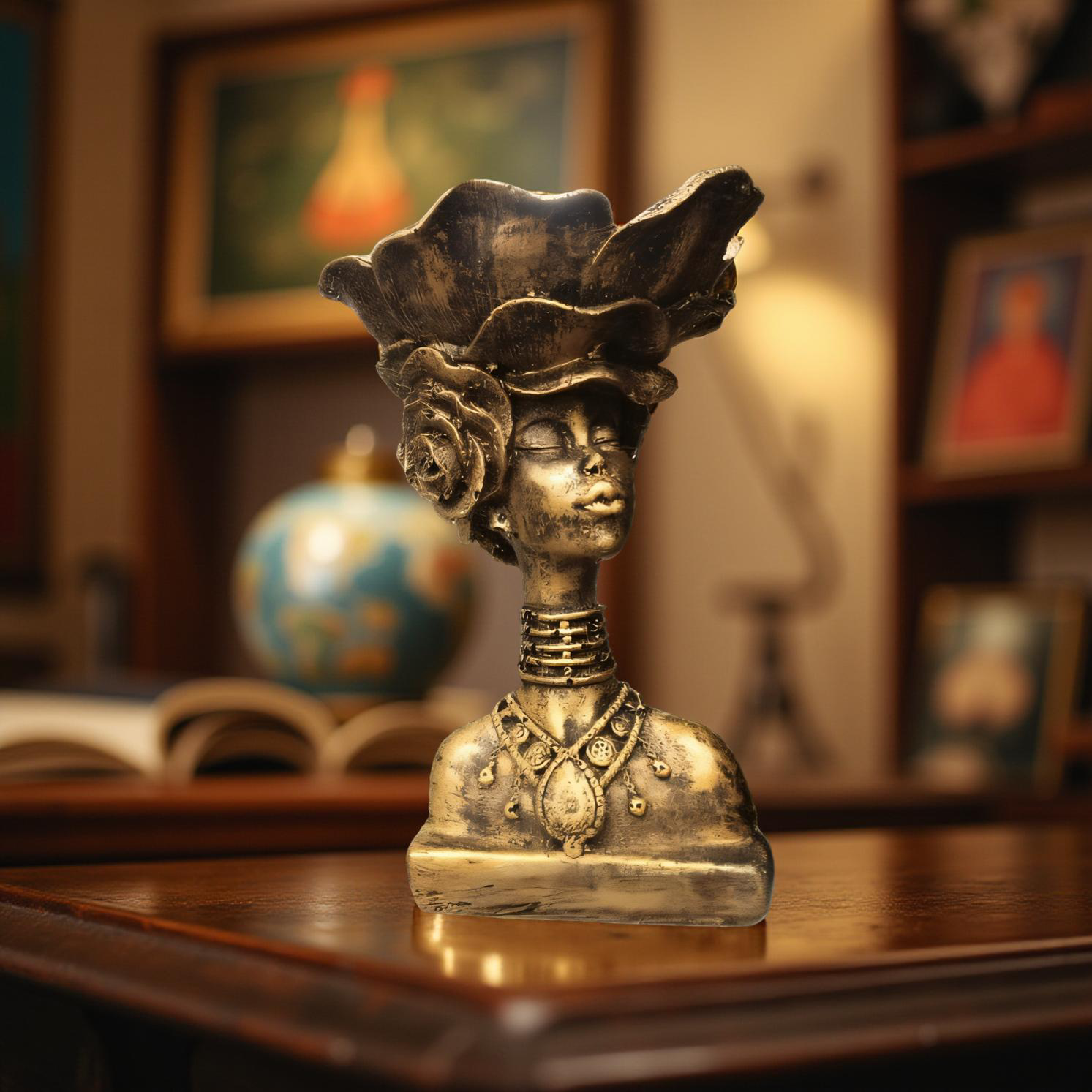 Regal African Queen Bust – Gold Resin Decor