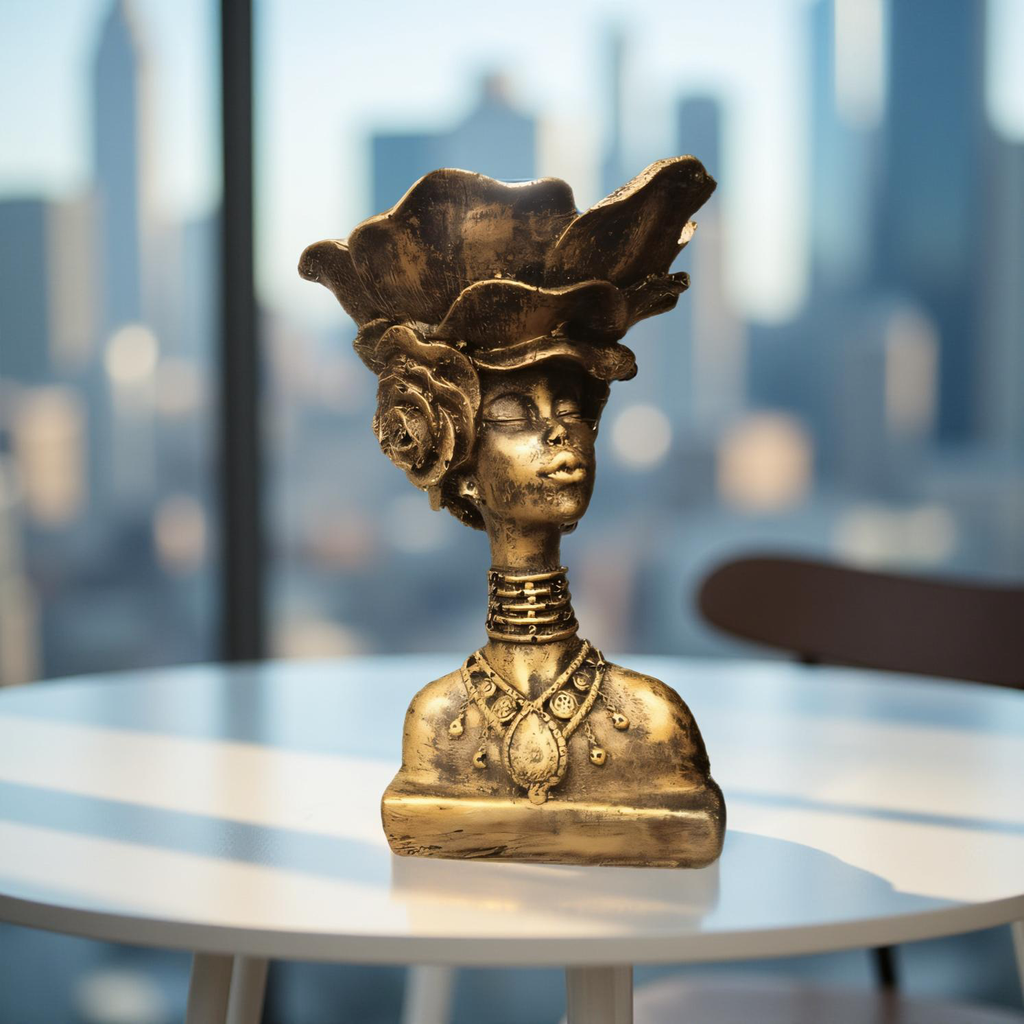 Regal African Queen Bust – Gold Resin Decor